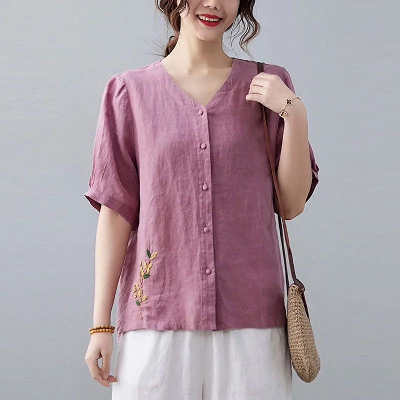Women Cotton Linen Casual Shirts New 2021 Summer Vintage Style Vneck