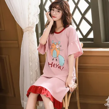 

Summer Patchwork Ladies Sleepwear Sweet Cute Cartoon Printed Short Sleeve Nightdress