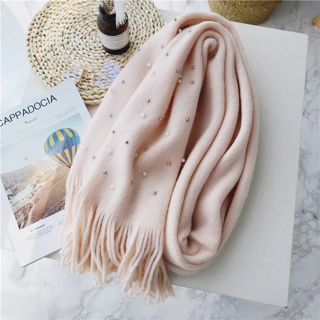 Шарф женский корейский дикий вязаный шерстяной жемчуг толстый Корейский вариант двойного назначения длинный академический шарф осень и зима - Color: Pink