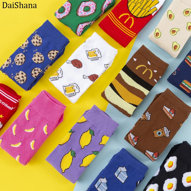

New Fashion Women Socks Funny Cute Cartoon Fruits Banana Avocado Lemon Egg Donuts Food Japanese Harajuku Skateboard Socks 35-40