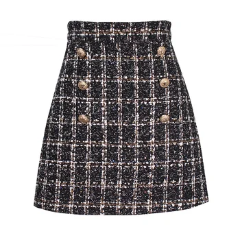 

Autumn Winter Mini Tweed Skirt Women Sexy Plaid Skirts Ladies Fashion Korean High Waist Double Breasted skirt