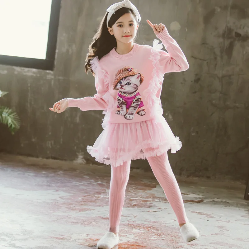 Весна-Осень, детские спортивные костюмы клетчатый свитер с бантом для девочек-подростков и черная юбка, леггинсы комплект хлопковой одежды для детей 6, 8, 11 лет - Цвет: Розовый