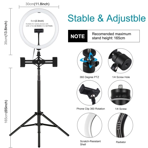 1.65m Tripod Mount Dual Phone Bracket 11.8 inch 30cm USB 3 Modes LED Ring Vlogging Video Light Live Broadcast Kits