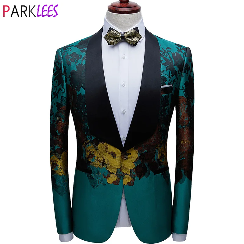 Suit Jacket Blazers Tuxedo Dress Wedding-Party Green Luxury Costume One-Button Floral-Print