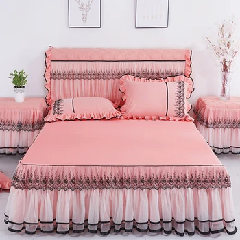 

Pink Purple Green Korean Princess Lace Bedding Bed Skirt Pillowcases 1/3pcs Bedspread Bed Sheet 1.5/1.8/2.0M Mattress Cover