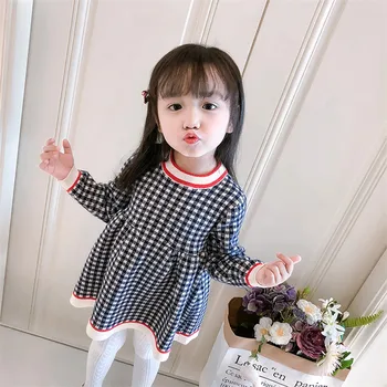 

Baby Knit Dress Plaid Pink Baptism Dress Girl 1 Year Birthday Party Student Autumn Winter Children's Wear