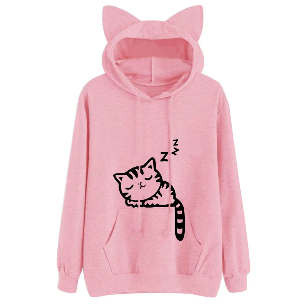Womens Cat Long Sleeve Hoodie Sweatshirt Hooded Pullover Tops Blouse 2
