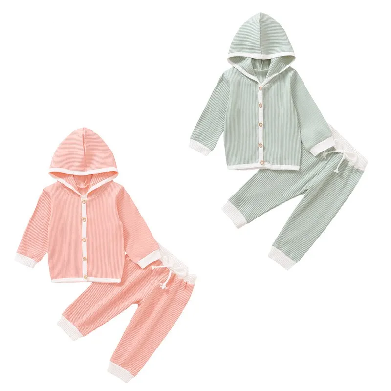 

2Pcs Baby Boys Girls Cotton Casual Suit Contrast Color Ribbed Long Sleeve Buttoned Hoodie, Loose Trousers Spring Fall Sets 3-18M