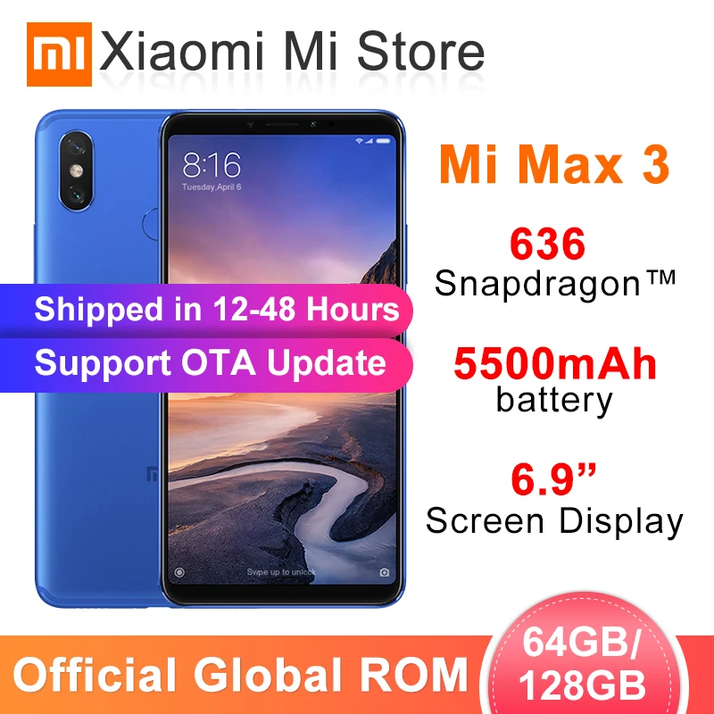 

Global ROM Xiaomi Mi Max 3 4GB 64GB/6GB 128GB Mobile Phone Snapdragon 636 Octa core AI Dual Cameras 6.9" Full Screen 5500mAh