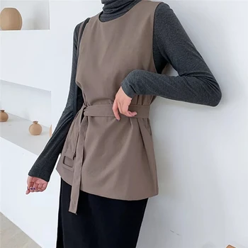 

2020 Spring Fashion Vest Women NEW Autumn Stand Collar Solid Belt Vest Women Tops Vest Chaleco Mujer Gilet Casaco Feminino K480