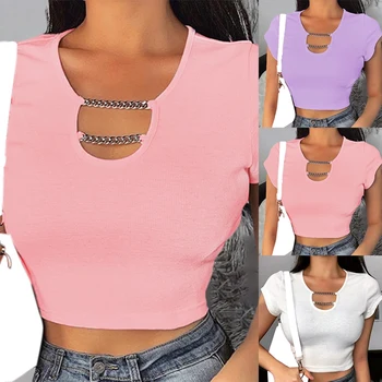 

Summer Casual Personality O-Neck Chain Sexy Exposed Navel Simple Slim Solid Color T-Shirt Women