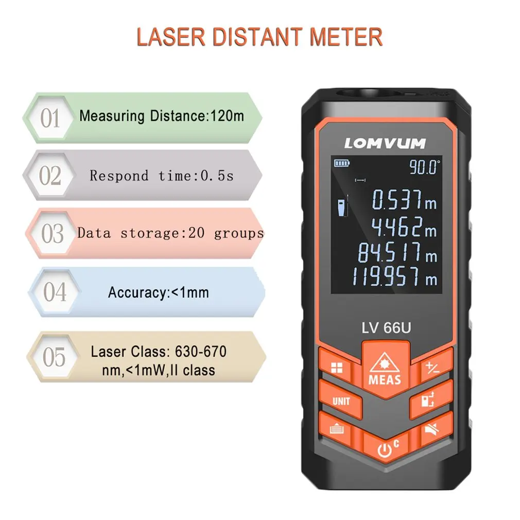 LOMVUM Laser Range Finder Auto Level Distance Meter Measuring Instrument Rangefinder 40m 50m 60m 80m 100m 120M IP65 waterproof
