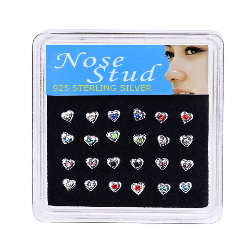 24PCS/Box Heart Shape Fashion Body Jewelry Nose Studs Nose Piercing Colorful Crystal Nose Rings For Women Ear Piercing Gifts