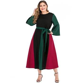 

Siskakia Plus Size Women's Midi Dress Fashion Hit Color Patchwork Loose Large Size Long Sleeve Dresses Chiffon O neck Slim Sash