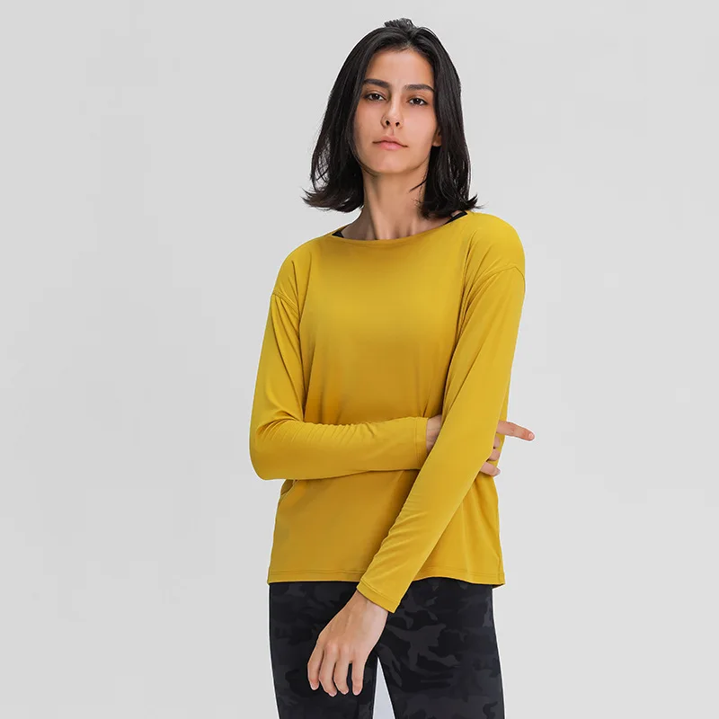 Lulu Fitness Women Long Sleeve Yoga Shirt Female Sport Yoga Top Slim Gym Clothing Solid Color Loose Casual Plus Size Breathable