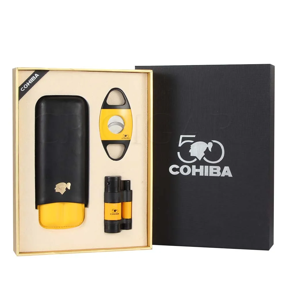 

COHIBA Set Butane 3 Jet Lighter Torch Windproof Metal Cigars Cutter Sharp Portable Travel Cigar Case Mini Humidor Leather Pocket