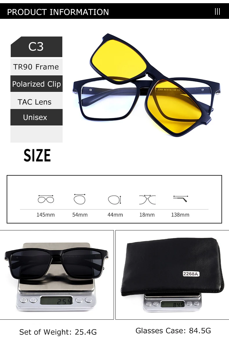 Квадратные поляризованные солнцезащитные очки с магнитным зажимом, желтые очки ночного видения TR90, солнцезащитные очки для вождения, набор из 5 предметов, оправы для очков U01