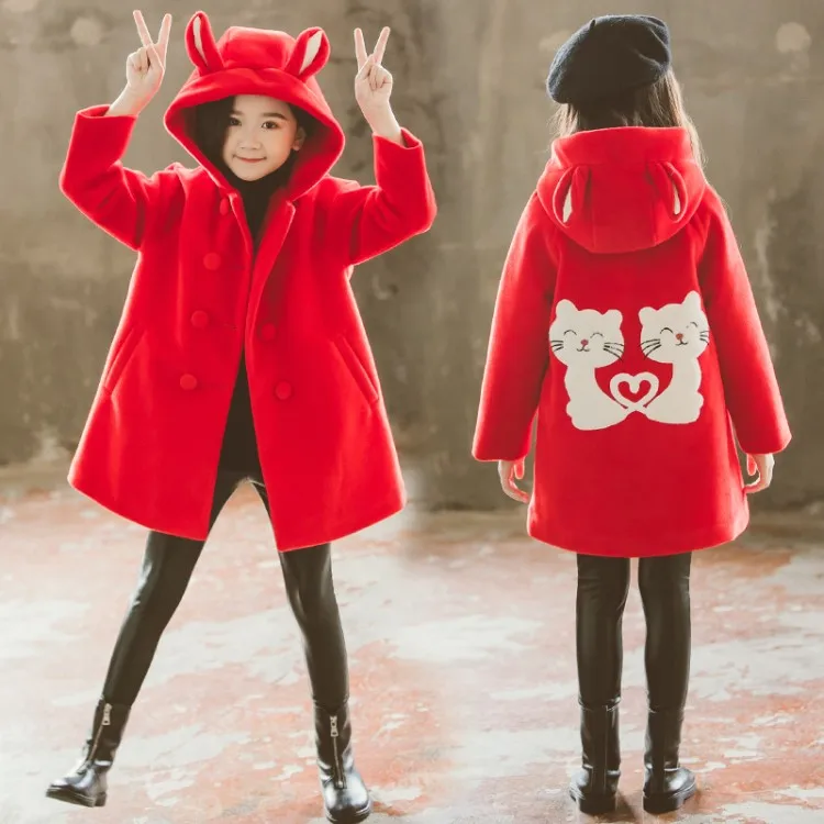 Одежда для девочек осень-зима г., Новое Детское модное плотное теплое шерстяное пальто средней длины с героями мультфильмов, куртки от 4 до 12 лет - Цвет: Красный