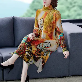 

Vintage Printed Fashion Turtleneck Knit Dress Autumn Winter Base Sweater Mid-Length 2020 Loose Split Casual Jumper Shirt y622