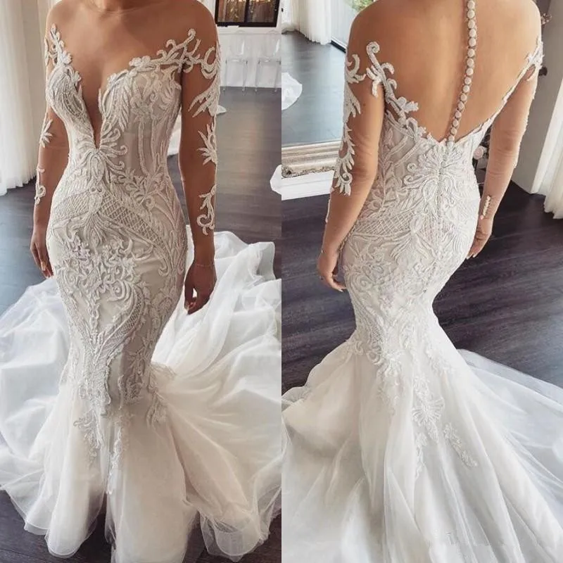 

Elegant Mermaid Wedding Dresses With Sleeves Sheer Neck Lace Boho Wedding Dresses Button Back Princess robe de mariee 2020