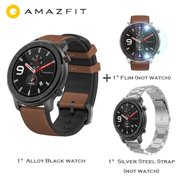 Black ad silversteel Международная версия Amazfit GTR Смарт-часы 5ATM водонепроницаемые 47 мм 24 дня батарея gps управление музыкой с strava-черный/серебристый - Цвет: Black ad silversteel