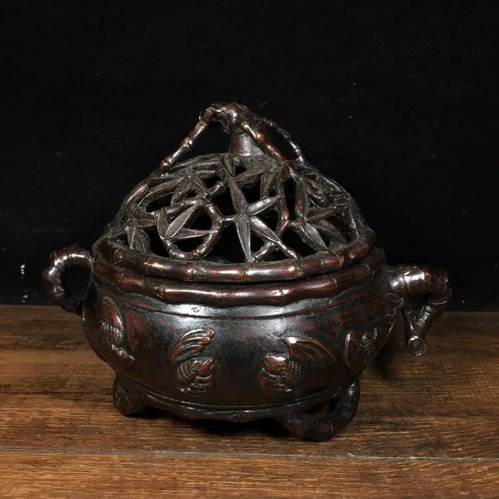 

7" Tibet Buddhism Temple bronze Bamboo smoker Implied step by step rising incense burner Hollow bamboo incense burner