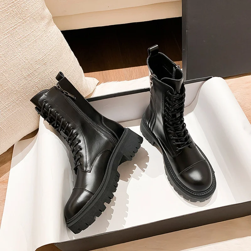 Women Platform Chunky High Heel Boots Autumn Winter Shoes Round Toe Lace Up Studs Knight Ankle Booties 