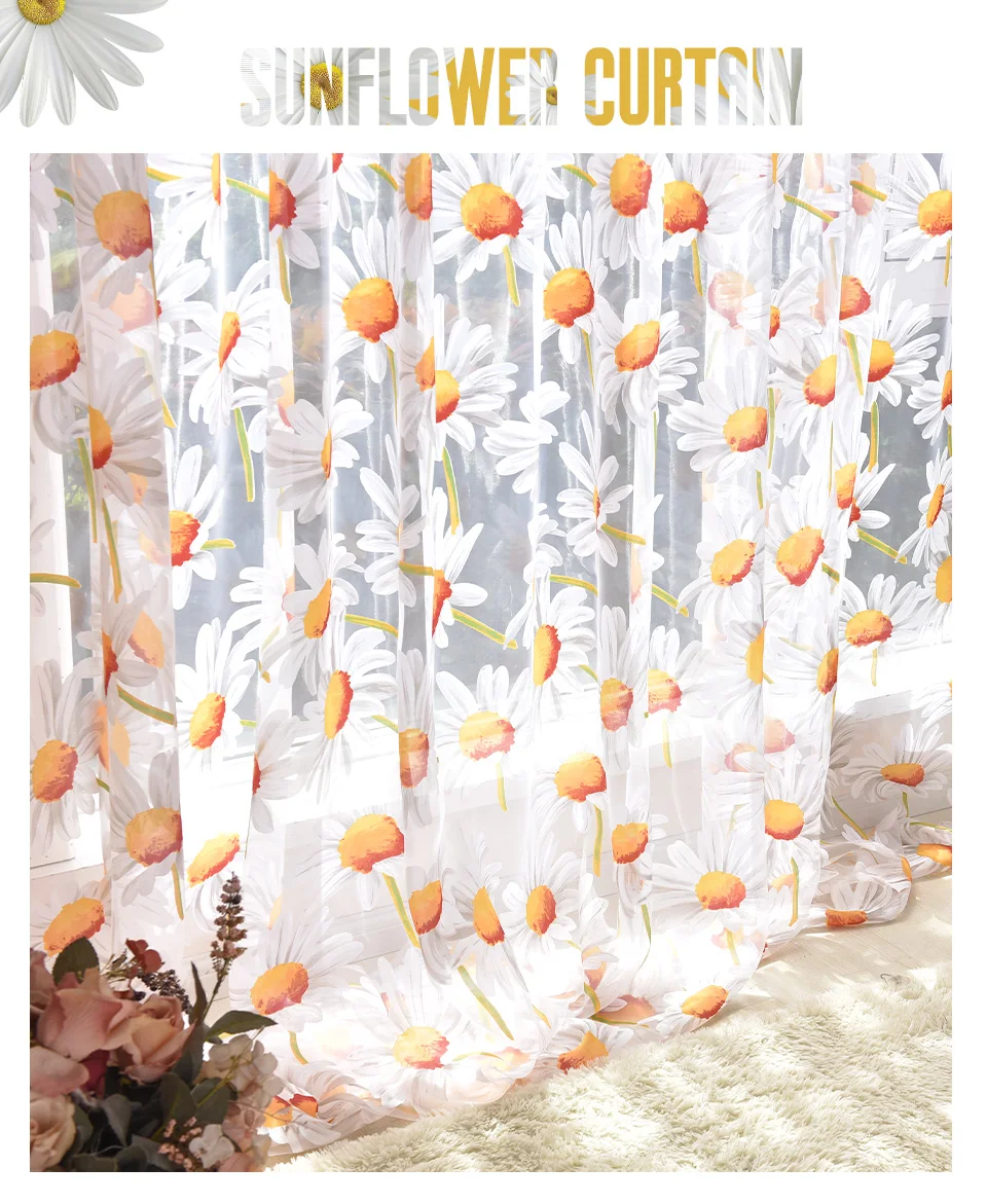 American Sunflower Sheer Voile Curtain For Living Room Floral Tulle Window Curtains For Kid Bedroom Drapes Blinds Home Decor