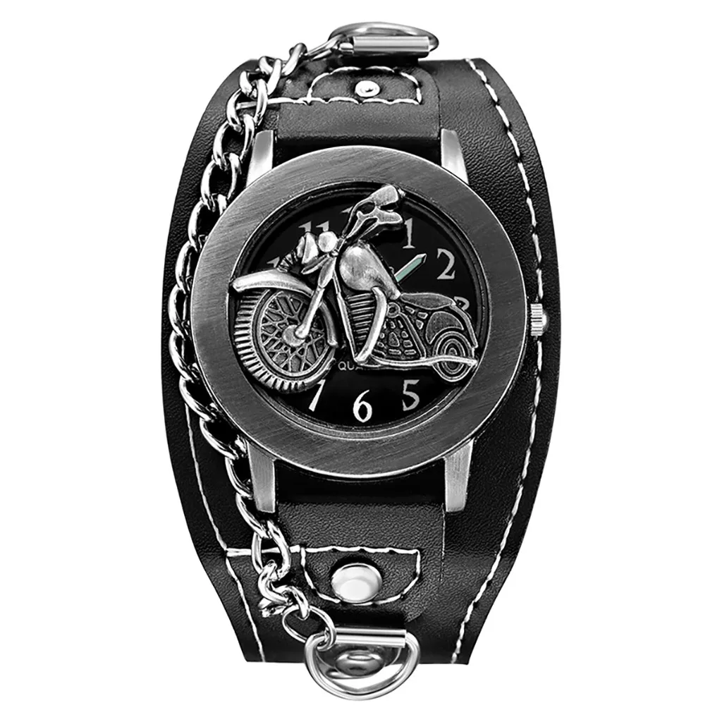 Антикварные мотоциклетные мужские часы крутые кварцевые пара красивые часы в стиле панк Шарм Ретро цепь перевернутый кожаный наручные часы relogio - Цвет: A