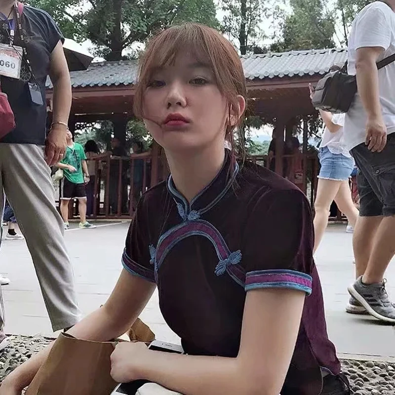 Vintage Women Chinese Traditional Velvet Blouse Summer Sexy Shirt Mujer Modern Chinese Style Clothing Tops