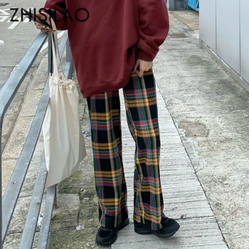 

Vintage Plaid Pants Women High Waist Lattice Trousers Mujer Retro Loose Straight Wide Leg Pants 2019 Pantalon Femme