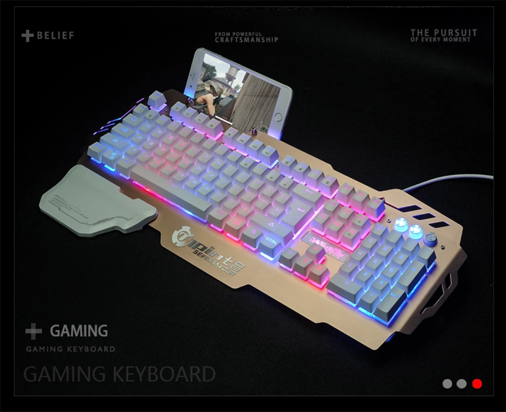 Игровая клавиатура Механическая Проводная, USB, игровая профессиональная Blacklight светодиодный регулируемый свет с металлической панелью для PC Gamer - Цвет: Gold white