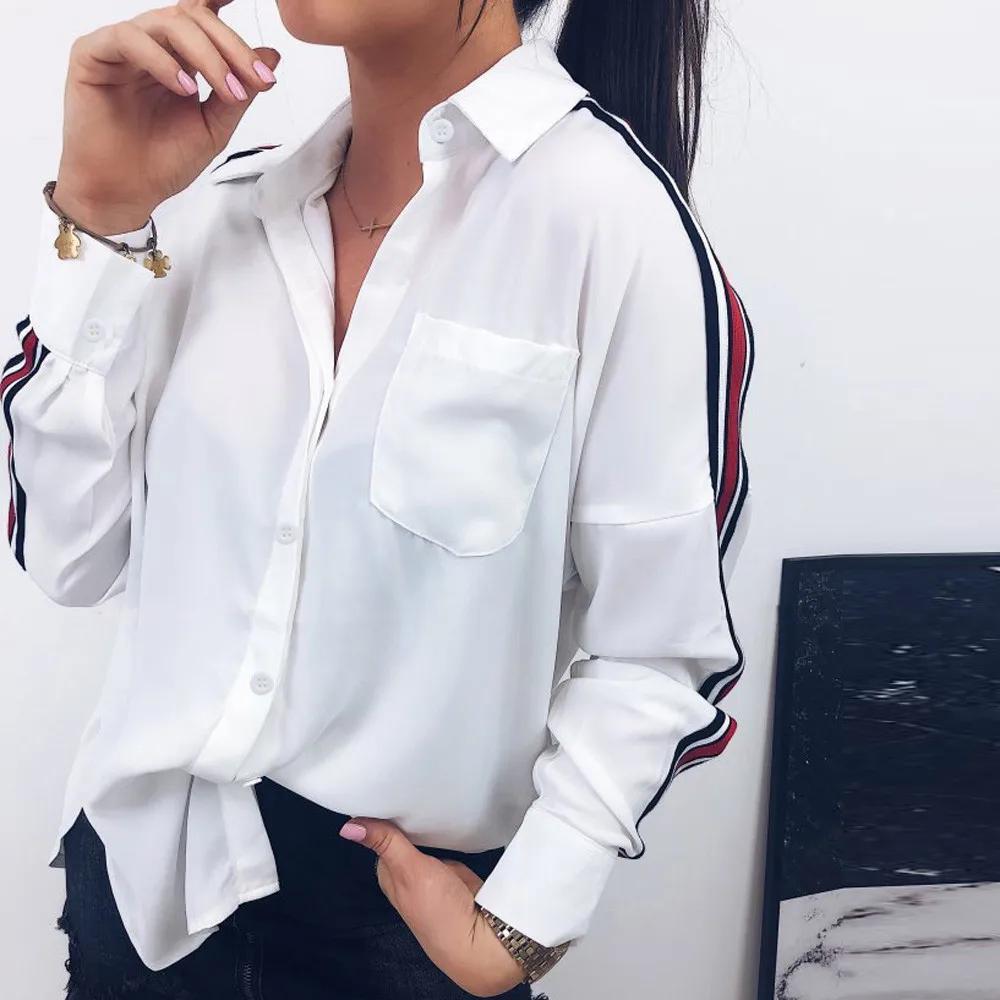 Женская Блузка офисная для женщин блузка женская Повседневная белая рубашка воротник с отворотами в полоску с длинным рукавом Botton рубашка Blusas женские топы