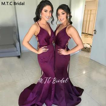 

Dark Purple Backless Bridesmaid Dresses Wholesale 2020 V Neck Mermaid Spaghetti Strap Sexy Wedding Guest Dress Vestido Madrinha