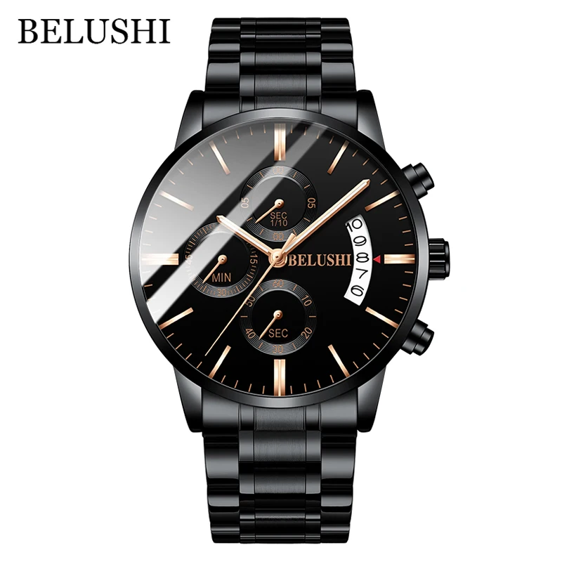 Мужские часы от роскошного бренда BELUSHI, высококачественные мужские деловые повседневные часы, мужские водонепроницаемые спортивные кварцевые наручные часы relogio masculino - Цвет: Black Gold