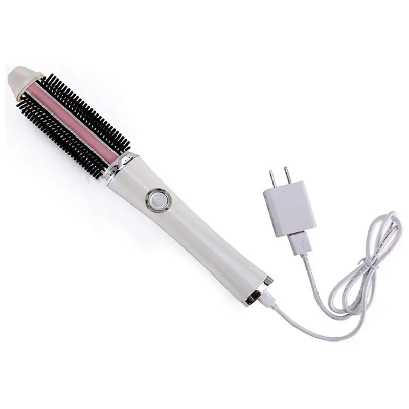 

HTHL-Portable Usb Wireless Mini Hair Curler 2 In 1 Straightener Brush Battery Electrical Curling Brushes Straightening Comb