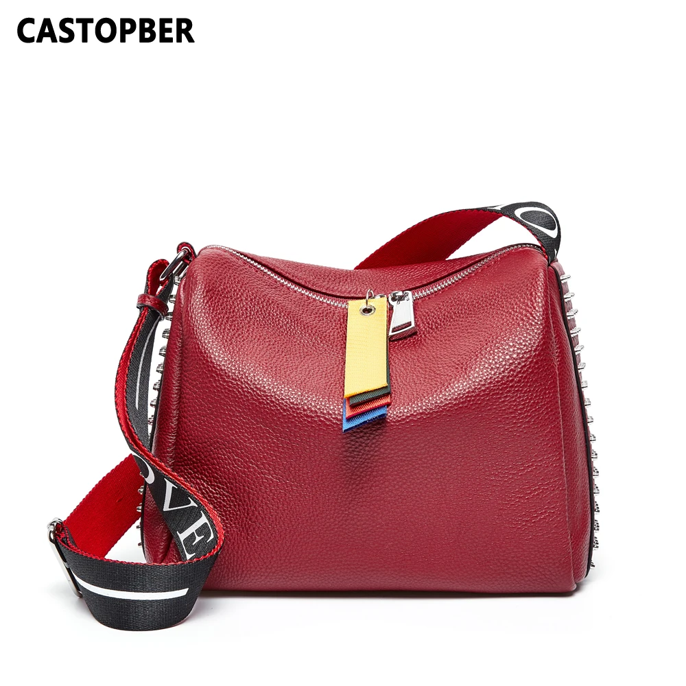

New Women's Shoulder Bag Wide Strap Cow Genuine Leather Female Fashion Rivet Tote Handbags Female Bags High Quality Famous Brand