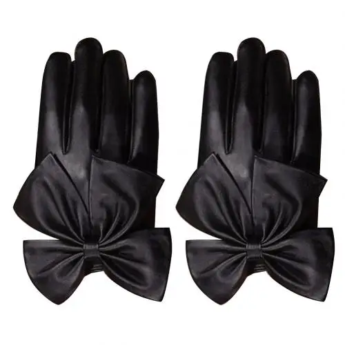 Мотоциклетные женские заклепки лук сплошной цвет Искусственные кожаные перчатки полный митенки для пальцев - Цвет: Black without Rivet