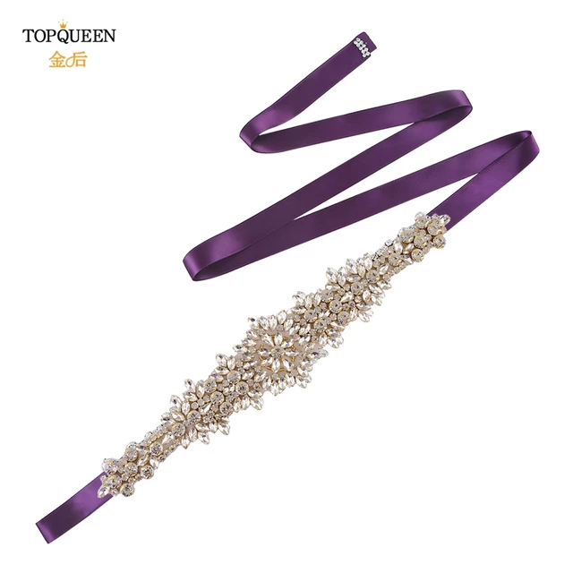 TOPQUEEN S319-G Plus Size Bridal Gowns Belts Golden Belts for Women Rhinestones Belt Girlfriend Luxury Ribbon Belt Wedding Sash Purple ribbon