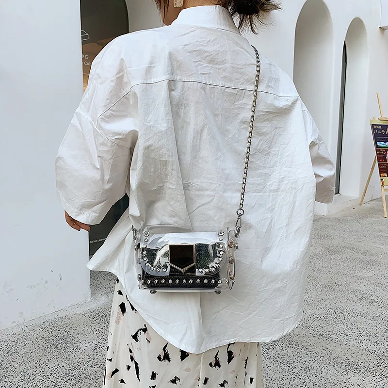 

Transparent female bag small fresh 2019 black clip lock port style braided single shoulder slant chain bag