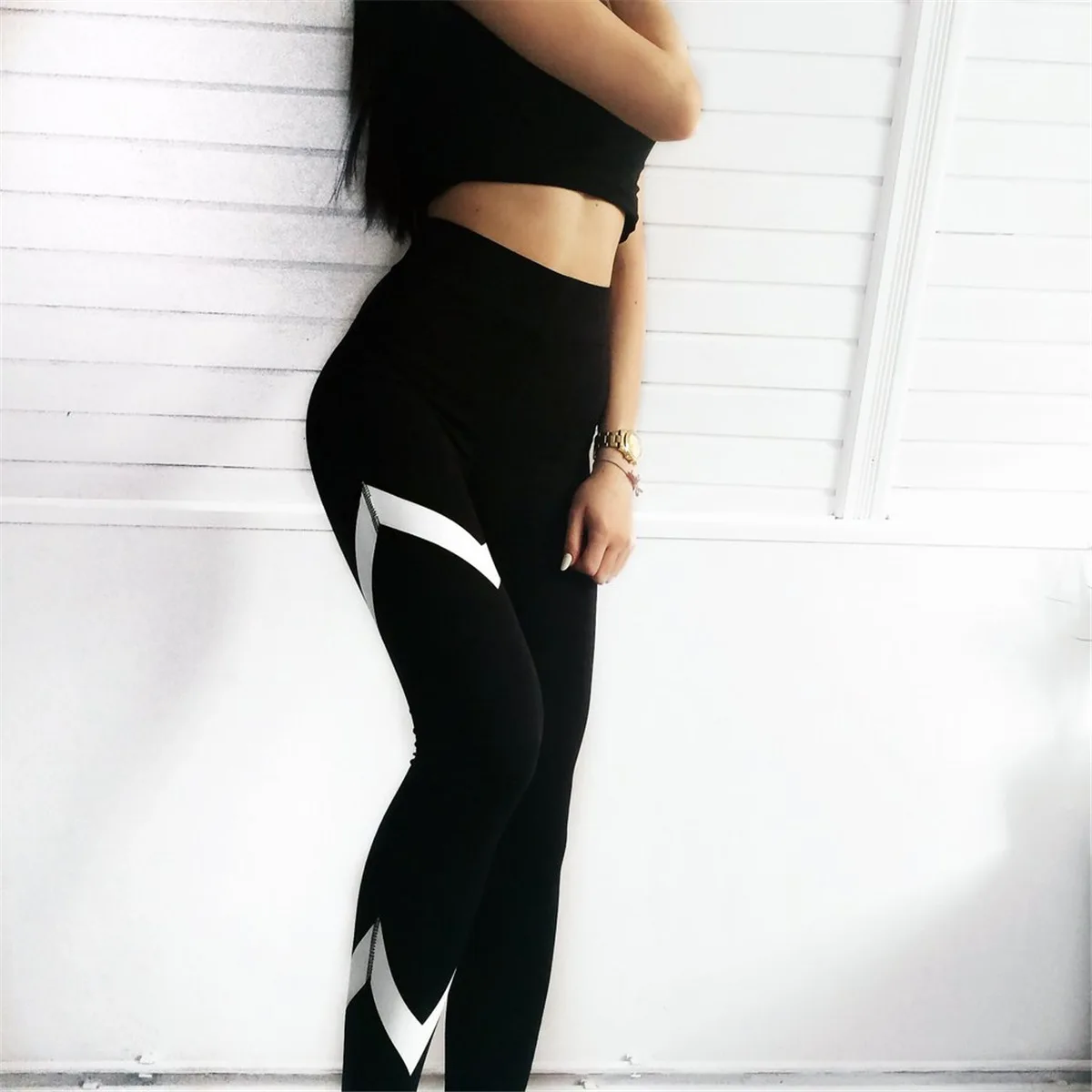 Европейские и американские новые женские повседневные леггинсы с двойным v-образным вырезом в белую полоску, эластичные спортивные штаны с высокой талией