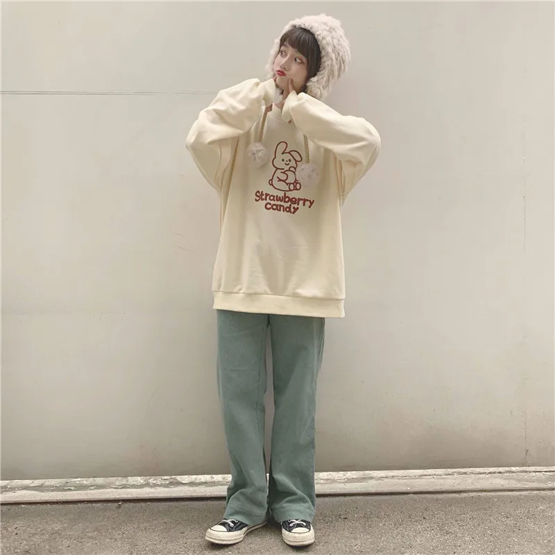 Женская Kawaii толстовка с кроликом уличная Harajuku Высокая уличная Толстовка женские осенние Топы Свободная верхняя одежда корейские худи для женщин