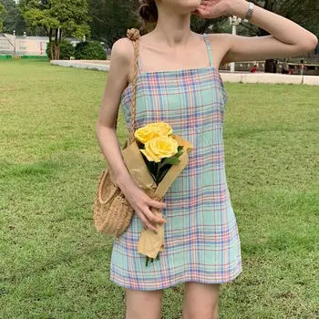 

Women Summer Sling Dress Sexy Sleeveless Plaid Short Dress Female Korean Style Ladies Fashion Casual Dresses