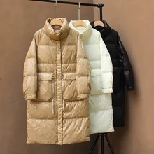 

2022new Winter Women Stand Collar Loose Warm 90% White Duck Down Long Jacket Casual Female Big Pocket Zipper Coat Snow Outwear