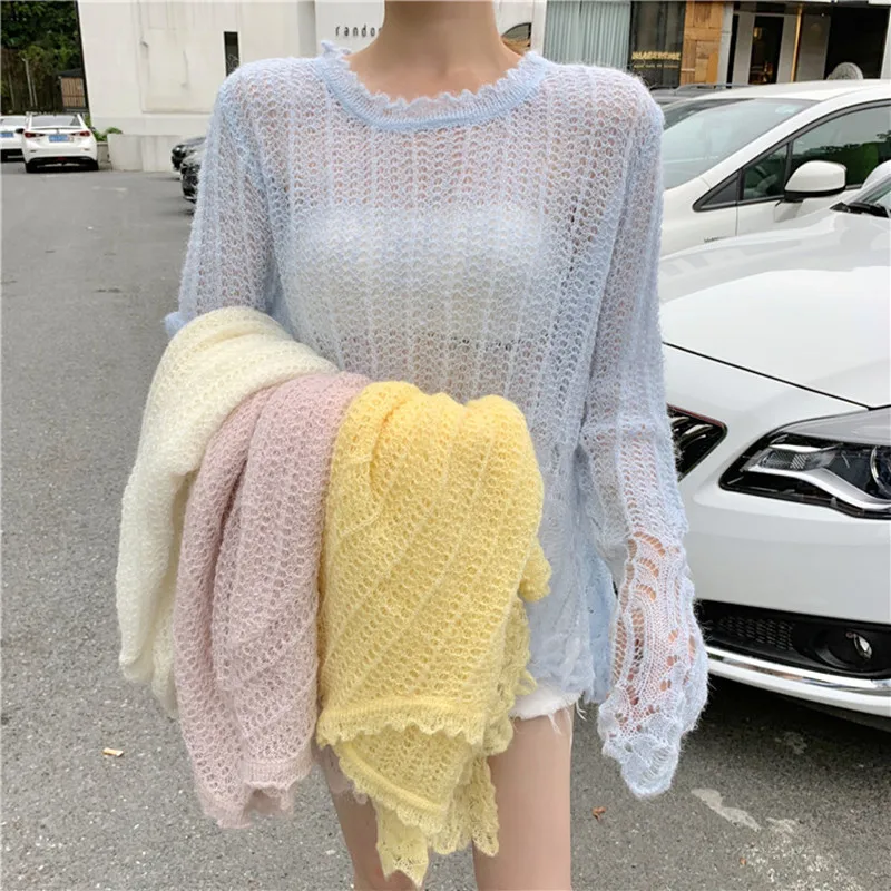 

JSXDHK New Summer Autumn Fashion Loose Sweater Tops Korean Chic Sky Blue Knitted Hollow Out Sexy Pollovers Thin Casual Jumpers
