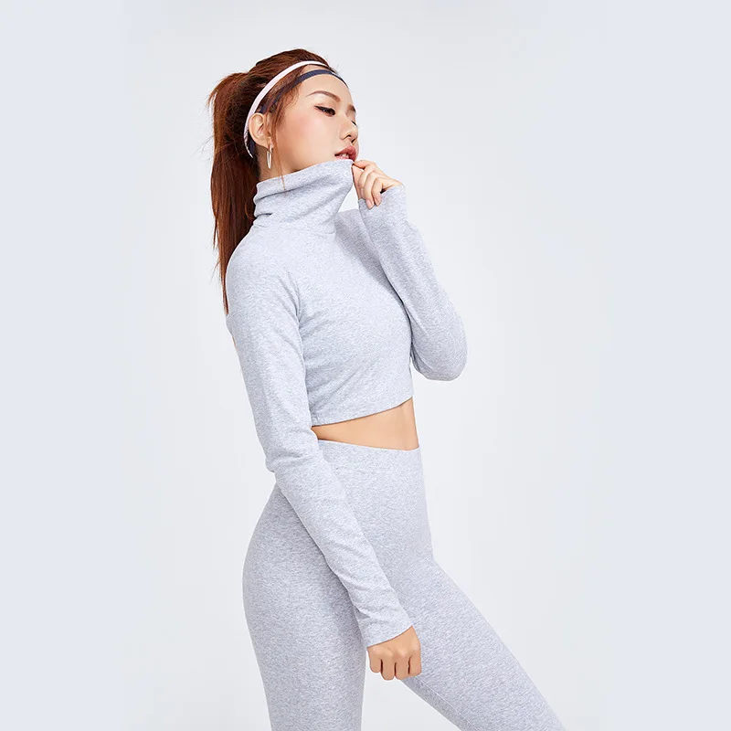 

2019 New Yoga Clothes Sportswear Suit Long-sleeved Workout Clothes Suit High Collar Running Clothes Two-piece Stand Collar Cotton Set