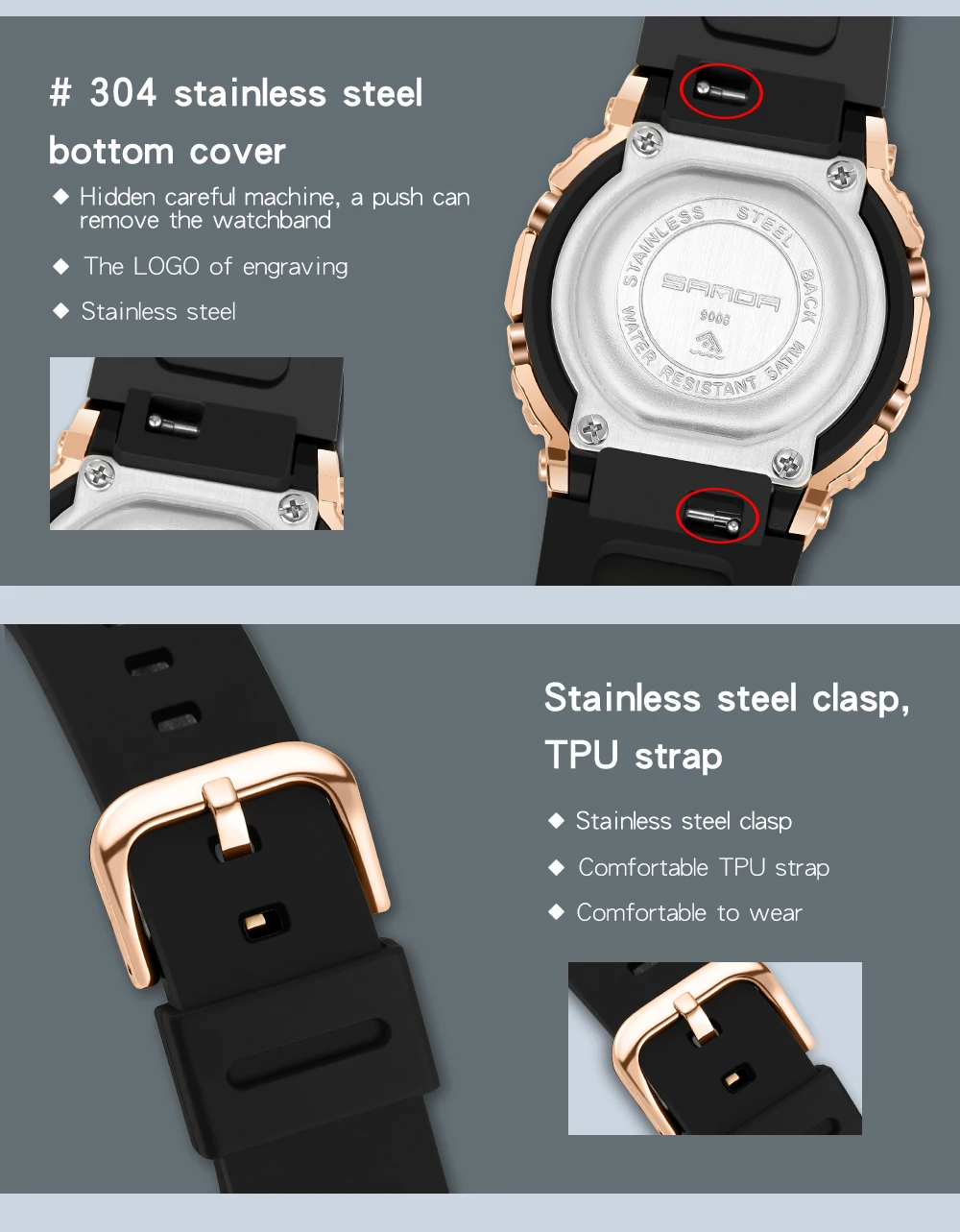 New Sanda Men's Digital Luminous Watch Small Square Wristwatch Mens Rose Gold Case Waterproof Leisure Unisex Wrist Watch 2021