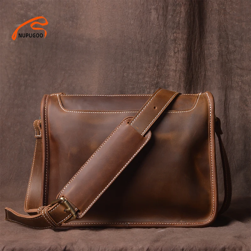 NUPUGOO Genuine Leather Vintage Men's Shoulder Bag Casual Menssenger Fashion Trend Crossbody Bags For 9.7 Inch Ipad |