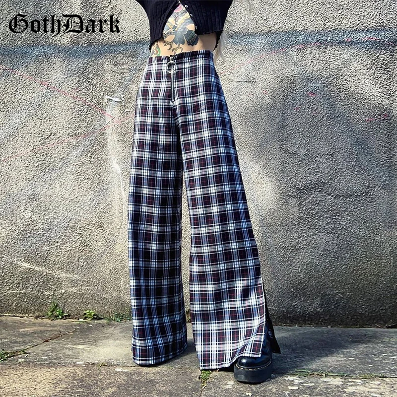 

Goth Dark Vintage Plaid Gothic Wide Leg Pants E-girl 90s Loose High Waist Zipper Fly Women Trousers Slit Hem Fashion Streetwear