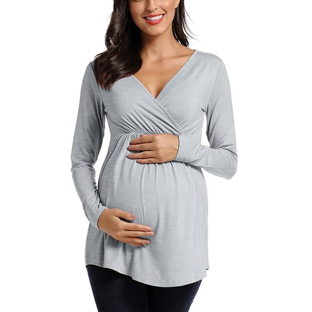 Maternity Clothes Long Sleeve Solid Color V-neck Nursing Top Pregnancy Shirt For Breastfeeding Pregnant для беременных | Мать и